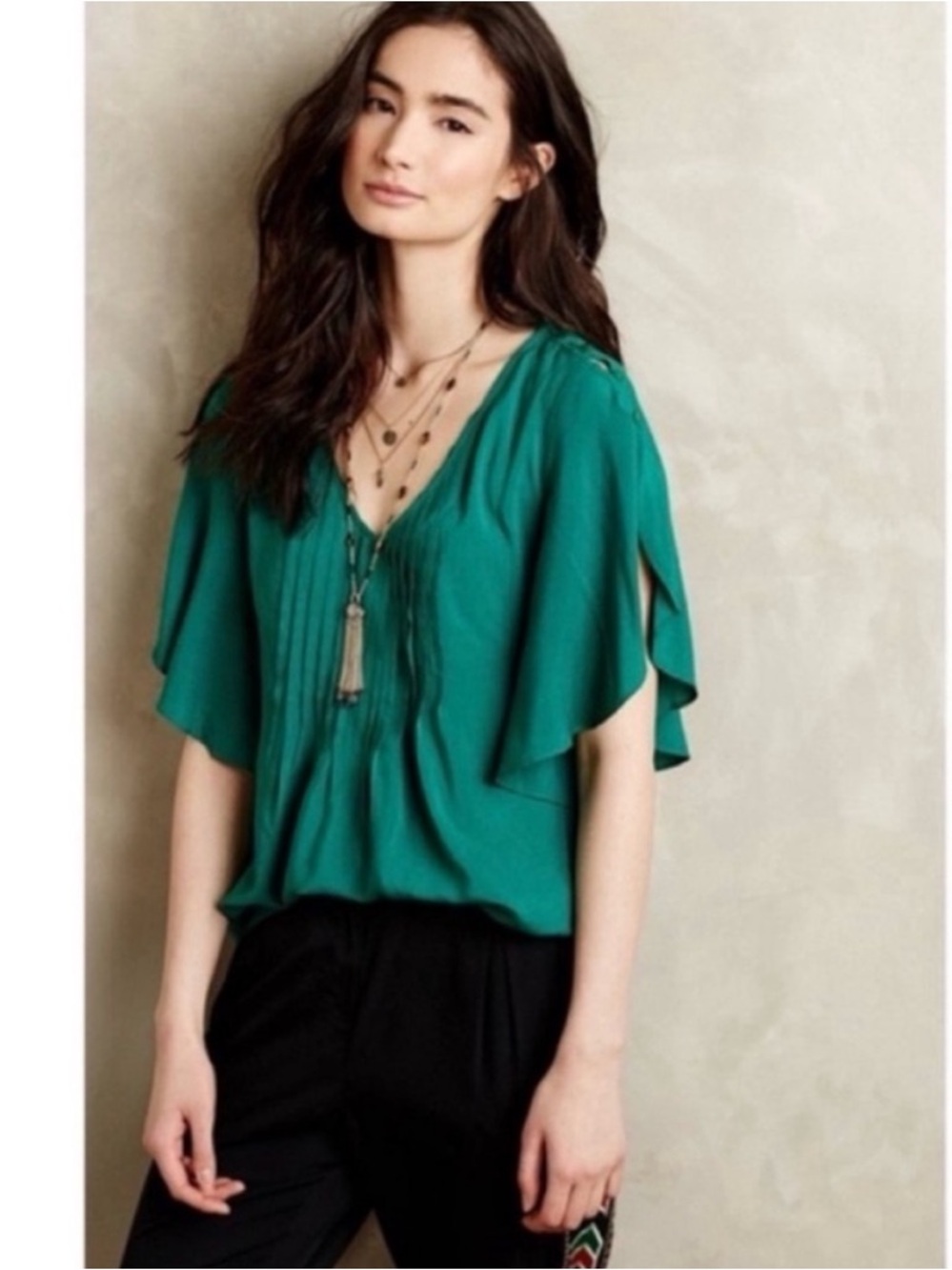 MAEVE Anthropologie Flutter Sleeve Pintuck Maya blouse size 4 Small Green